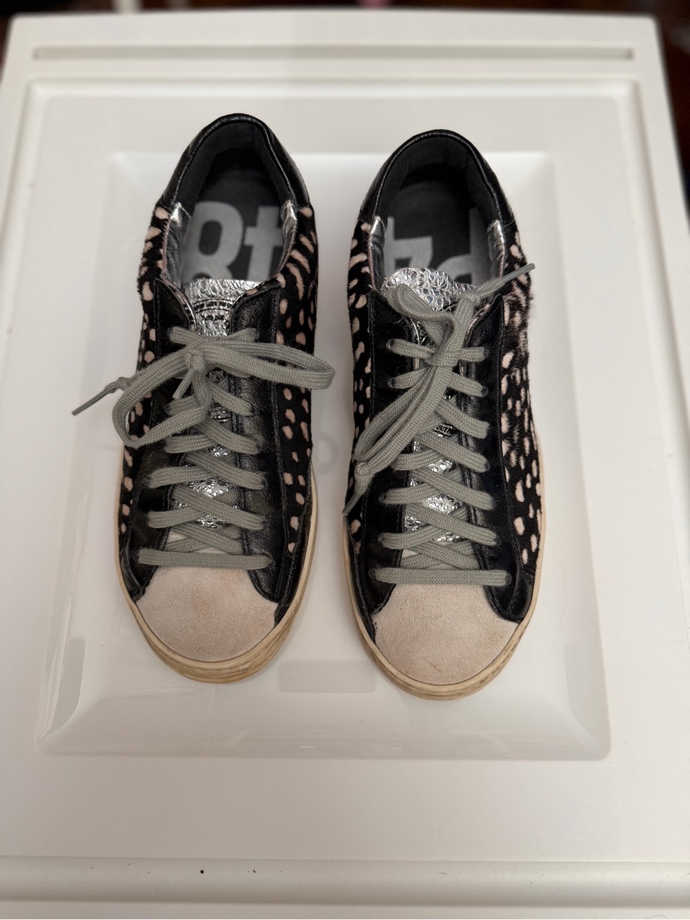 P448 Women's Black Sneakers with Light Pink Leopard Spots and Silver Tongue